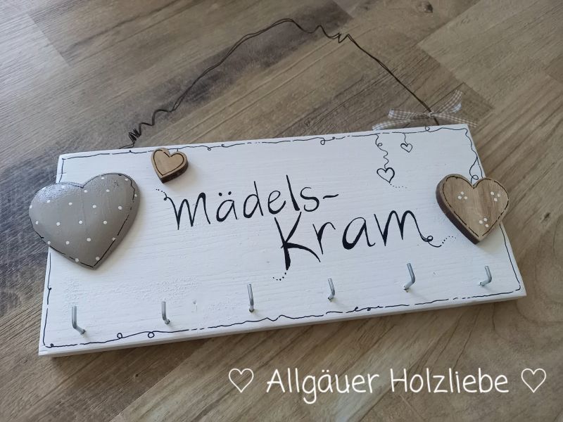 Schmuckhalter * Hakenleiste * Shabby * Beige-Taupe * 13,5 x 32 cm * Herz * Mädels-Kram